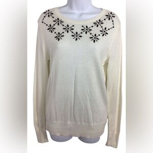 Jones New York S ivory white sweater black crystal embroidery